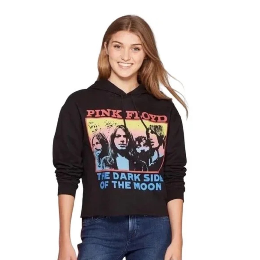 Pink Floyd Women's Black Long Sleeve Band Graphic Cropped Hoodie Top Size L